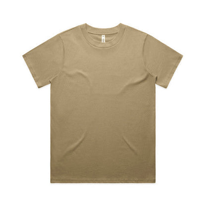 Beige crew neck t-shirt with short sleeves and a simple design.