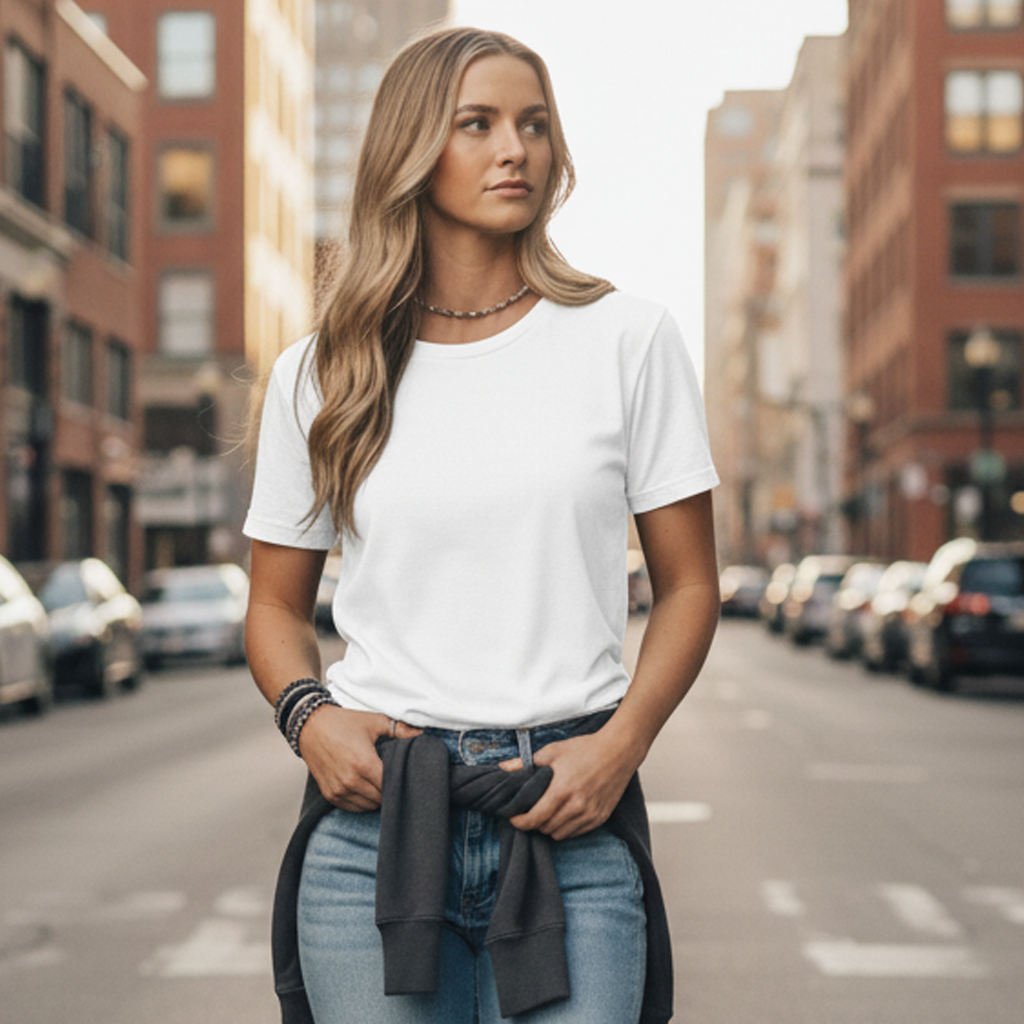 White crew neck t-shirt with black trim and pocket detail.