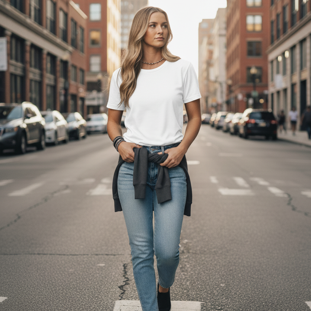 White short-sleeved t-shirt with black tie detail at hem, casual wear design.