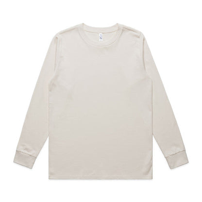 Cream-colored long-sleeved t-shirt with ribbed cuffs and hem, likely made of cotton.