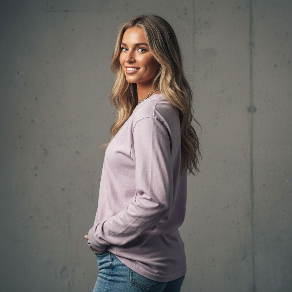 Lavender long-sleeve crew neck t-shirt with ribbed cuffs and hem, made of soft cotton.