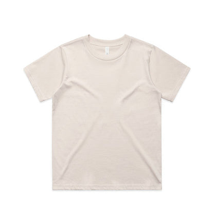 Cream-colored crew neck t-shirt with short sleeves and a relaxed fit.