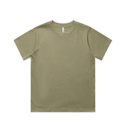 Olive green crew neck t-shirt with short sleeves and a relaxed fit.