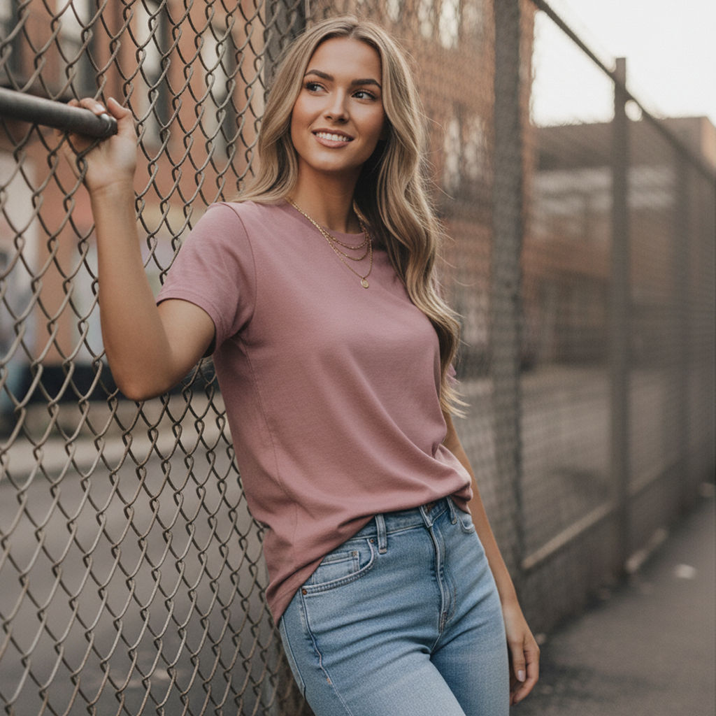 Mauve v-neck t-shirt with jeans and a gold necklace.