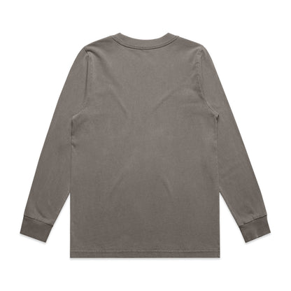 Charcoal gray long-sleeved t-shirt with ribbed cuffs and hem, featuring a simple crew neck design.