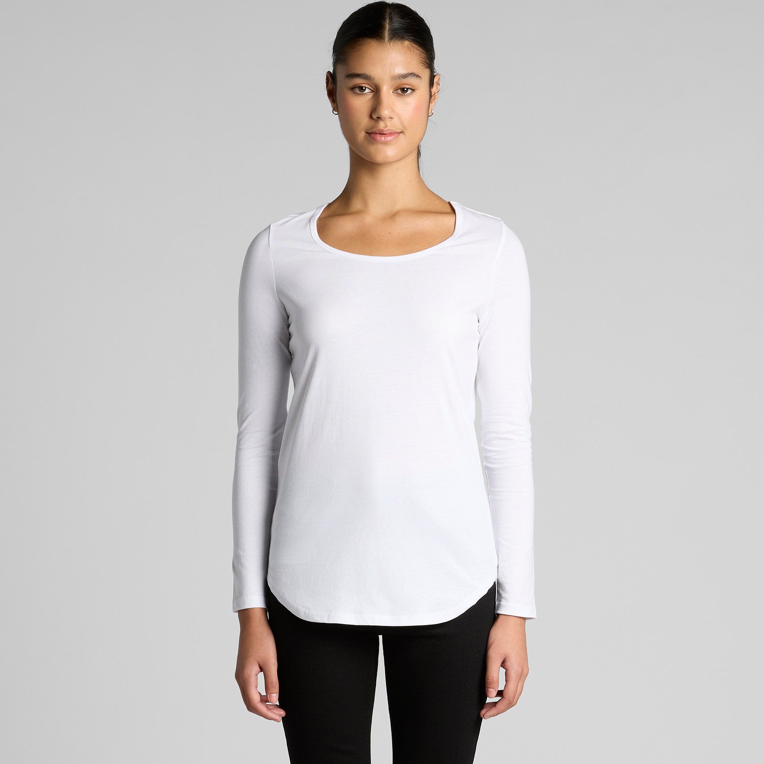 White long-sleeved scoop neck top with ribbed cuffs and hem, made of stretchy fabric.