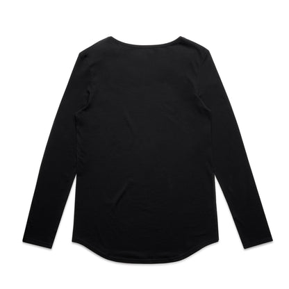 Black long-sleeved shirt with a relaxed fit and rounded neckline.