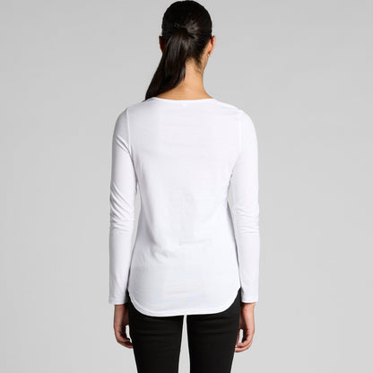 White long-sleeved top with a round neckline and ribbed cuffs.