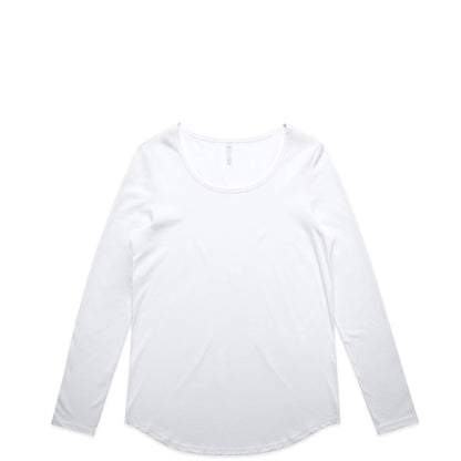 White long-sleeved scoop neck t-shirt with a relaxed fit and soft cotton material.
