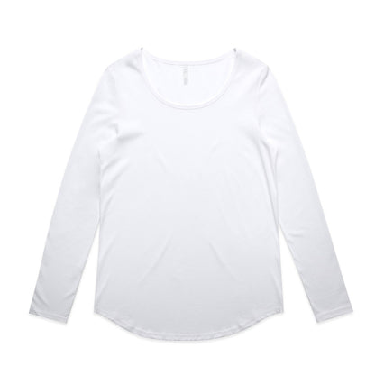 White long-sleeved scoop neck t-shirt with a relaxed fit and soft cotton material.