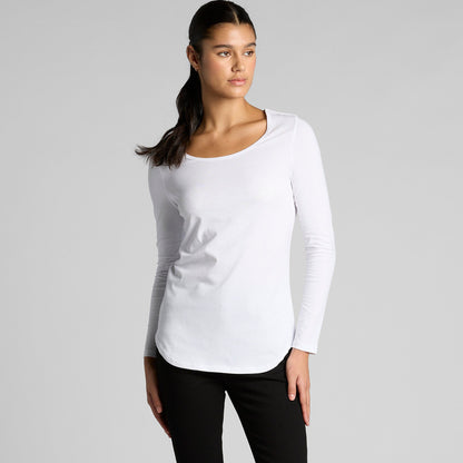 White long-sleeved scoop neck top with black leggings.