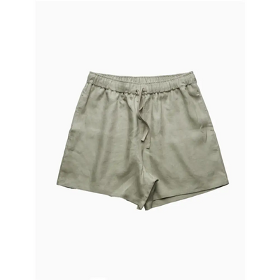Olive green drawstring shorts.