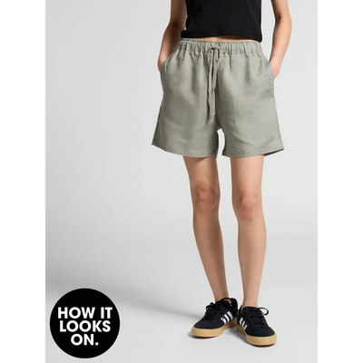 Olive-green drawstring shorts.