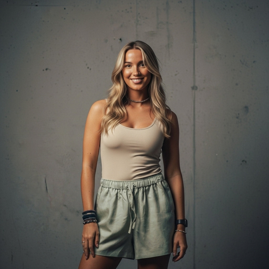 A young woman with long blonde hair, wearing a beige tank top and light green shorts.