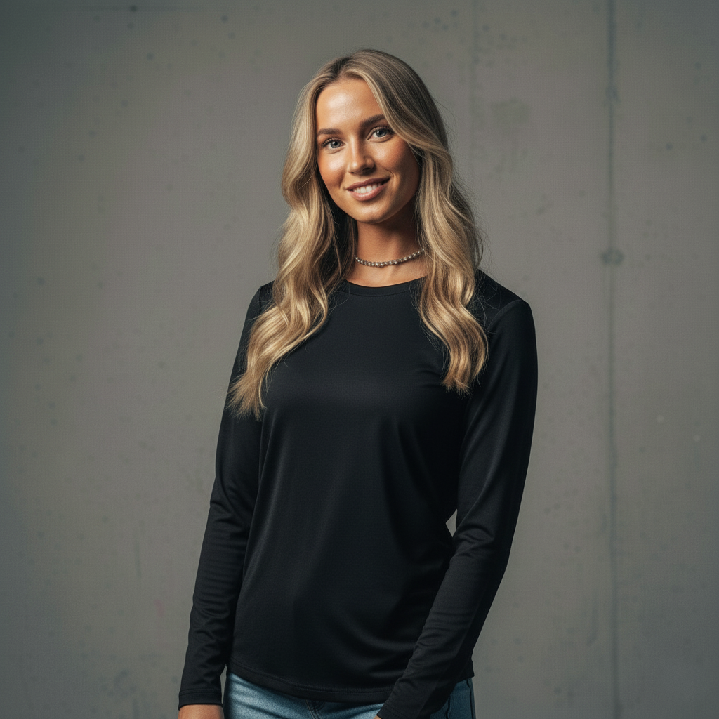 Black long-sleeve crew neck t-shirt with a subtle sheen and soft fabric.