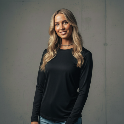 Black long-sleeve crew neck t-shirt with a subtle sheen and soft fabric.