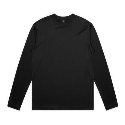 Black long-sleeved crew neck t-shirt with a ribbed neckline and cuffs.