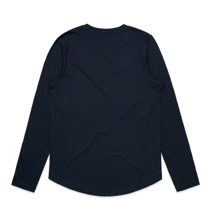 Navy blue long-sleeved t-shirt with a curved hem and ribbed neckline.