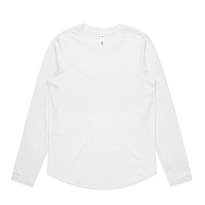 White long-sleeved shirt with a crew neck and ribbed cuffs.