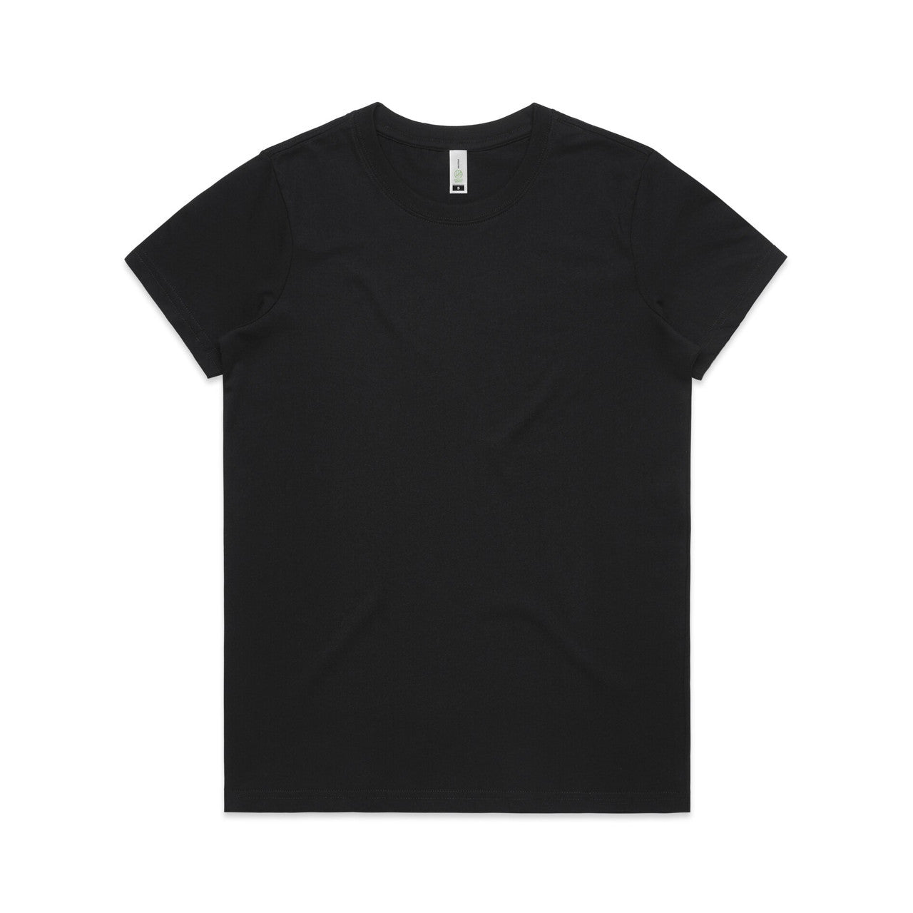 Black v-neck t-shirt with short sleeves and a simple design.
