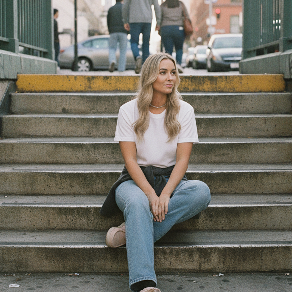 White t-shirt with black trim and pocket, blue jeans, pink sneakers.