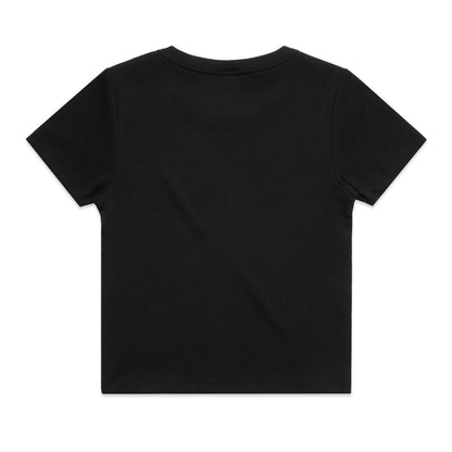 Black crew neck t-shirt with short sleeves and a relaxed fit.