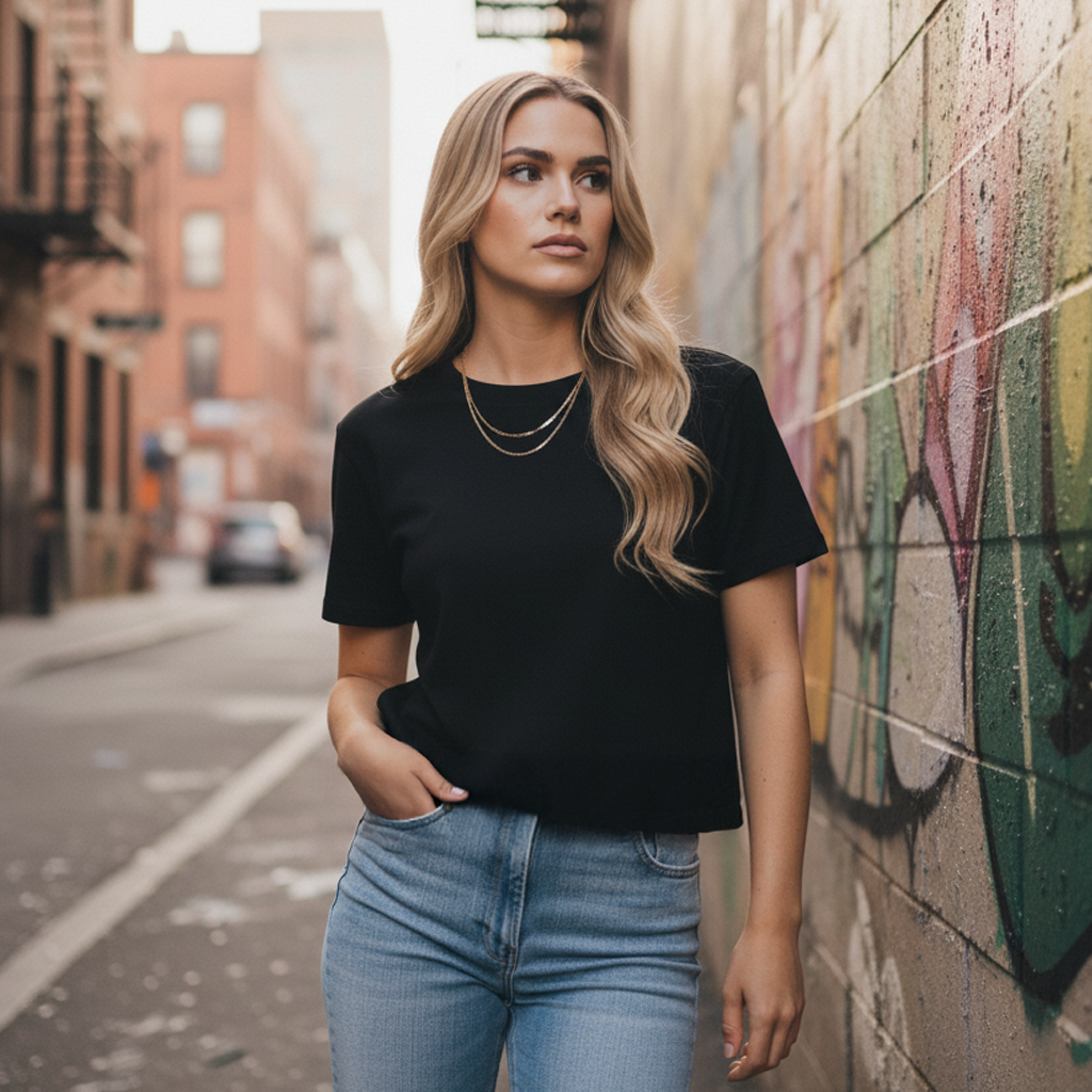 Black oversized t-shirt with silver chain necklace and blue jeans.