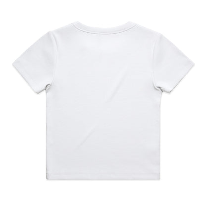White short-sleeved t-shirt with a round neckline and simple design.