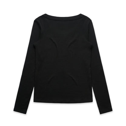 Black long-sleeved shirt with a round neckline and ribbed cuffs.
