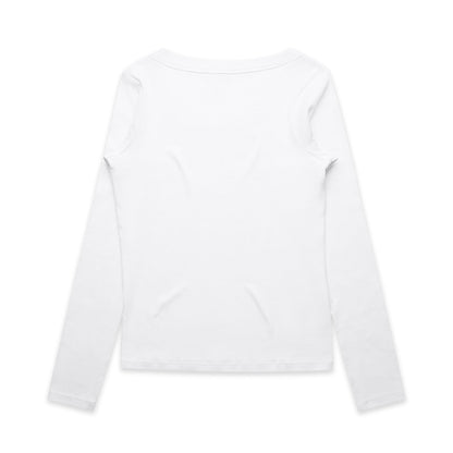 White long-sleeved shirt with a round neckline and relaxed fit.