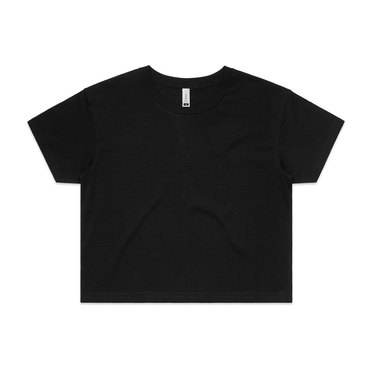 Black cropped t-shirt with short sleeves and a crew neck.