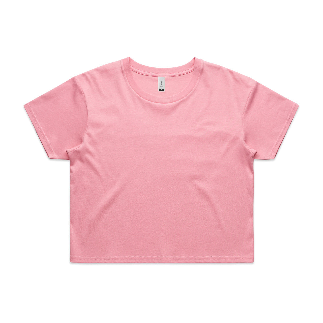 Pink cropped t-shirt with short sleeves and a round neckline.