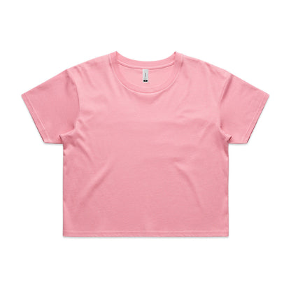 Pink cropped t-shirt with short sleeves and a round neckline.
