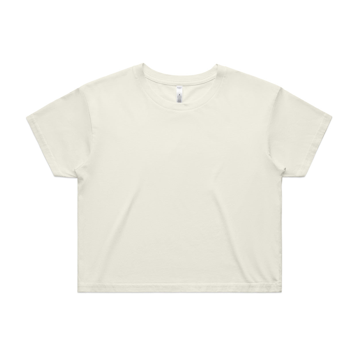 Cream-colored cropped t-shirt with short sleeves and a high neckline.
