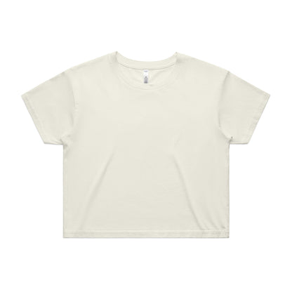 Cream-colored cropped t-shirt with short sleeves and a high neckline.