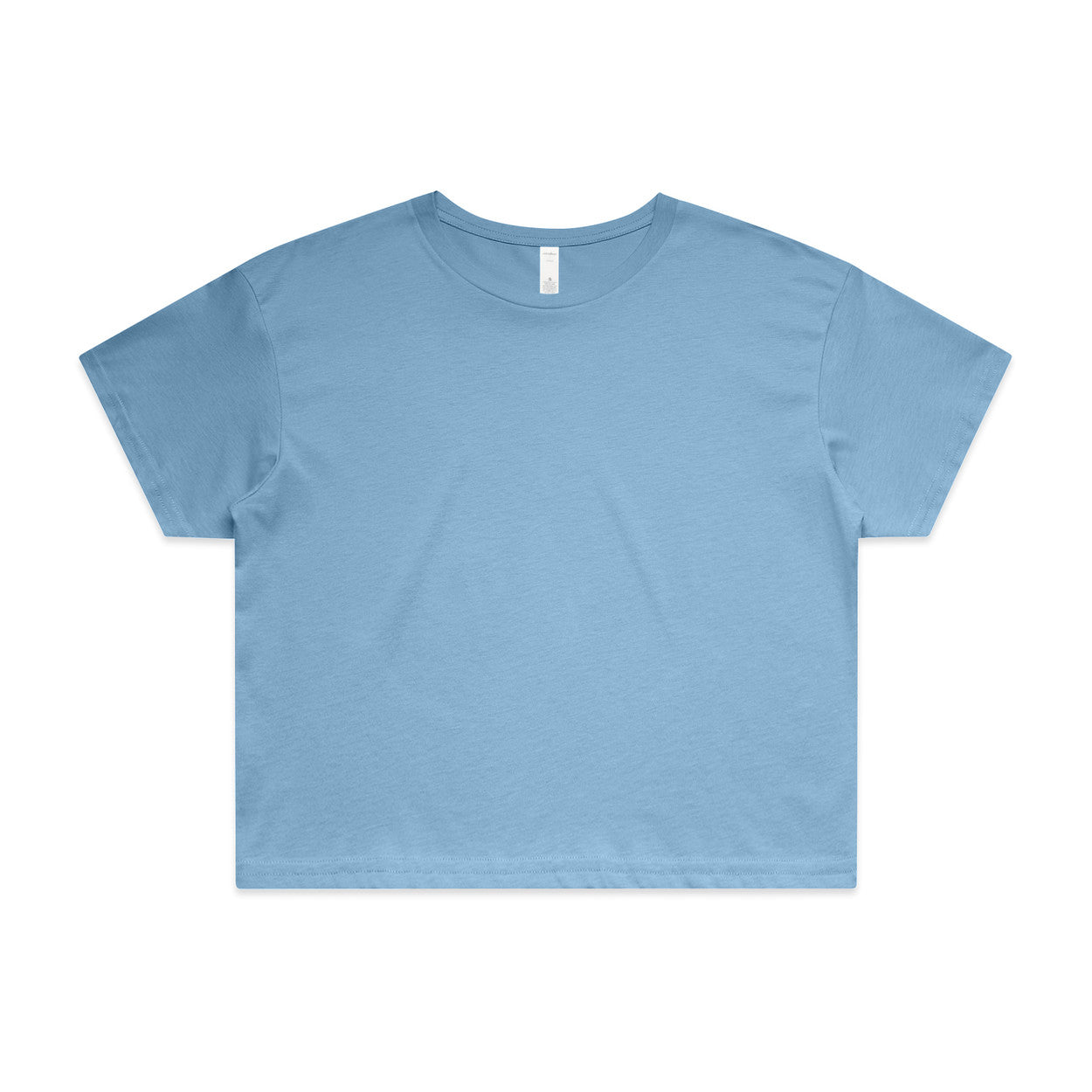 Light blue cropped t-shirt with short sleeves and a round neckline.