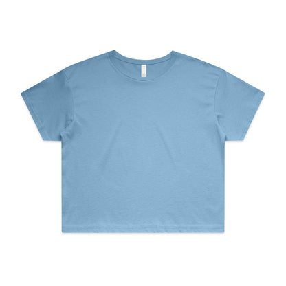 Light blue cropped t-shirt with short sleeves and a round neckline.