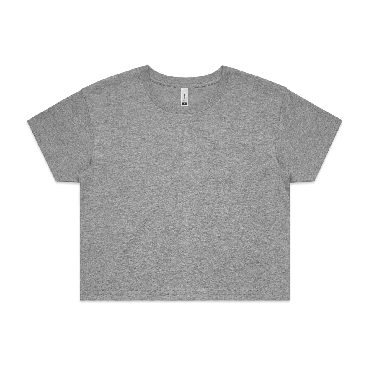 Heather gray cropped t-shirt with short sleeves and a crew neck.