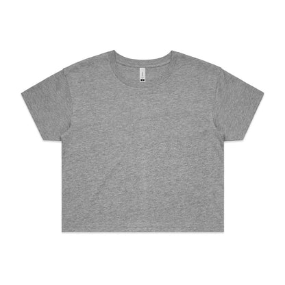 Heather gray cropped t-shirt with short sleeves and a crew neck.