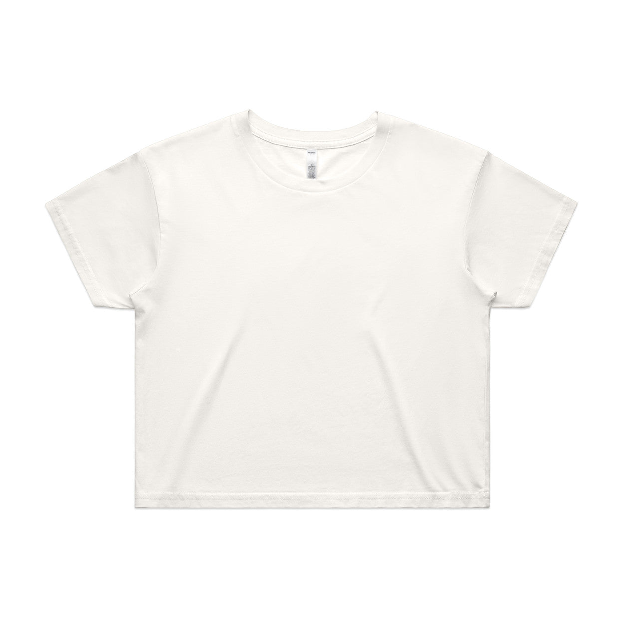 White cropped t-shirt with short sleeves and mock neck design.