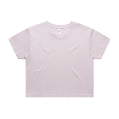 Lavender cropped t-shirt with short sleeves and a round neckline.