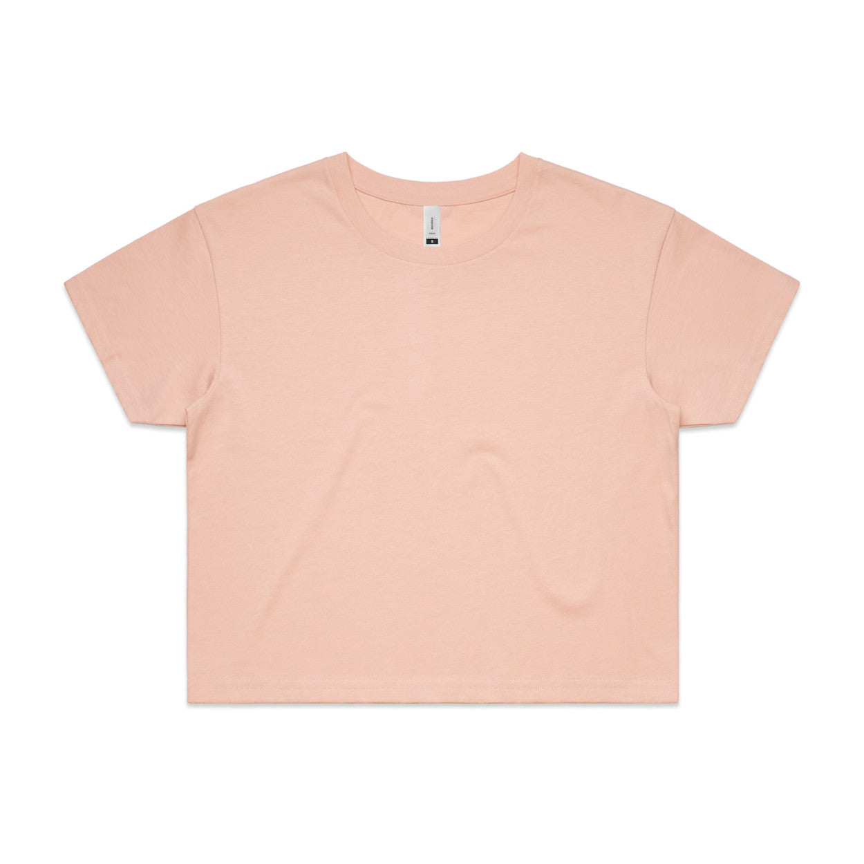Pastel pink cropped t-shirt with short sleeves and a crew neck.