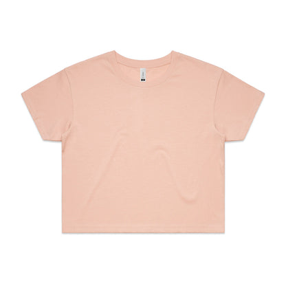 Pastel pink cropped t-shirt with short sleeves and a crew neck.