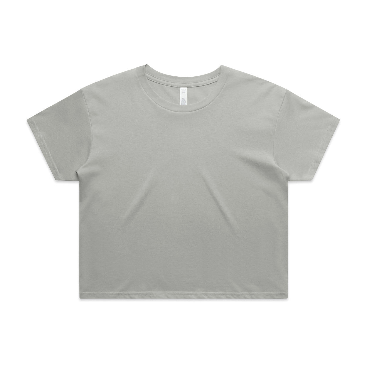 Gray cropped t-shirt with short sleeves and a crew neck.