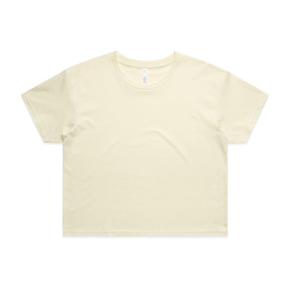Cream-colored cropped t-shirt with short sleeves and a round neckline.
