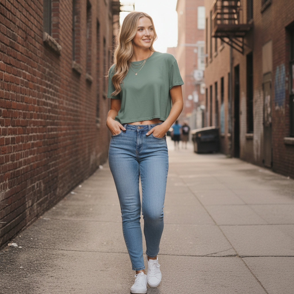 Olive green cropped t-shirt with short sleeves and a relaxed fit, made of soft cotton.