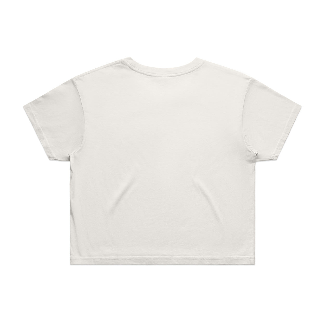 White cropped t-shirt with short sleeves and a round neckline.
