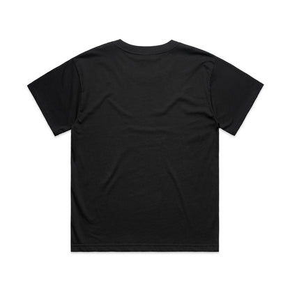 Black t-shirt with curved design on back, possibly by supreme or off-white.
