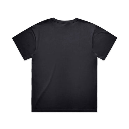 Black t-shirt with short sleeves and crew neck.