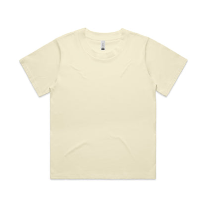 Cream-colored crew neck t-shirt with short sleeves and a ribbed neckline, made of soft cotton.